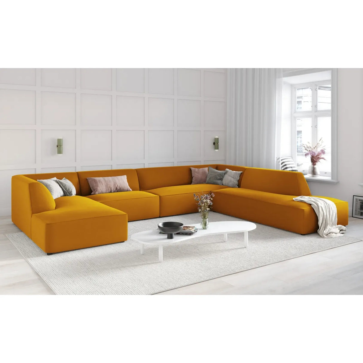 Ruby 7-Sitzer Panorama-Sofa Rechts, mit Bezug in Samt, Cord oder Strukturstoff, 366x273 cm