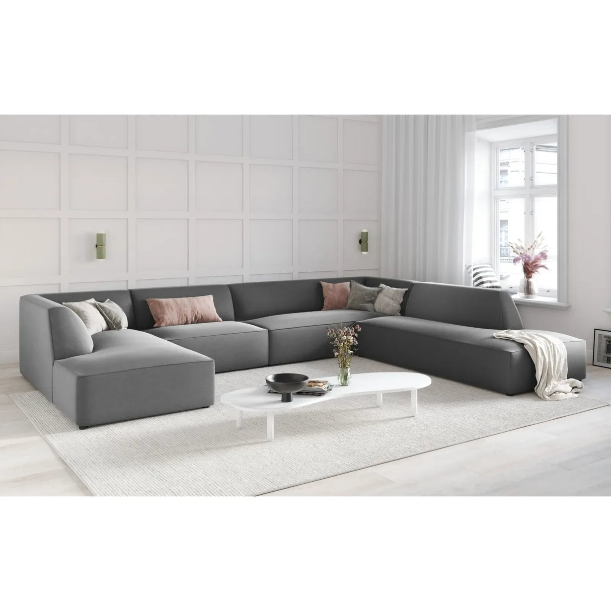 Ruby 7-Sitzer Panorama-Sofa Rechts, mit Bezug in Samt, Cord oder Strukturstoff, 366x273 cm