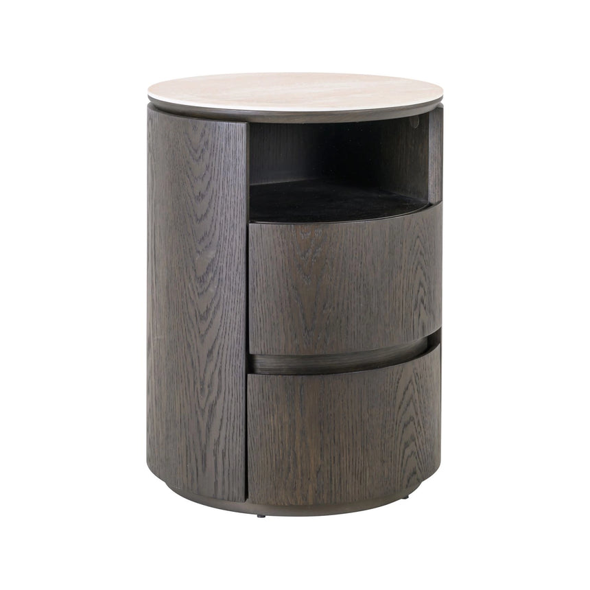 Nachttisch Nando mit 2 Schubladen und Eichenfurnier in braun sowie Keramik in Travertinoptik, 45x45x60 cm von Richmond Interiors – Bild 1