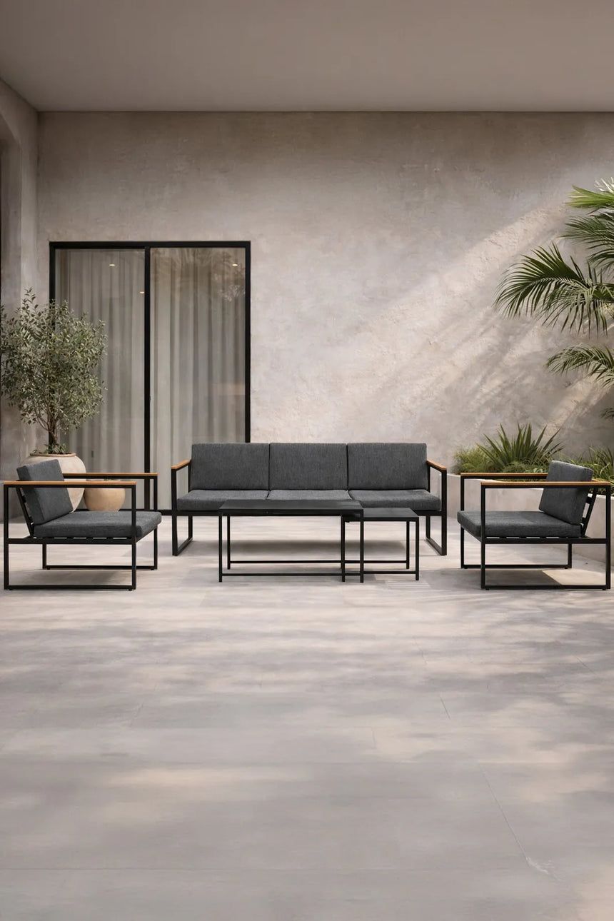 Outdoor Lounge-Sitzgruppe Dakar aus Stahl mit Sprayglas Tischplatte in Schwarz und grauen Kissen von Venture Home – Bild 19