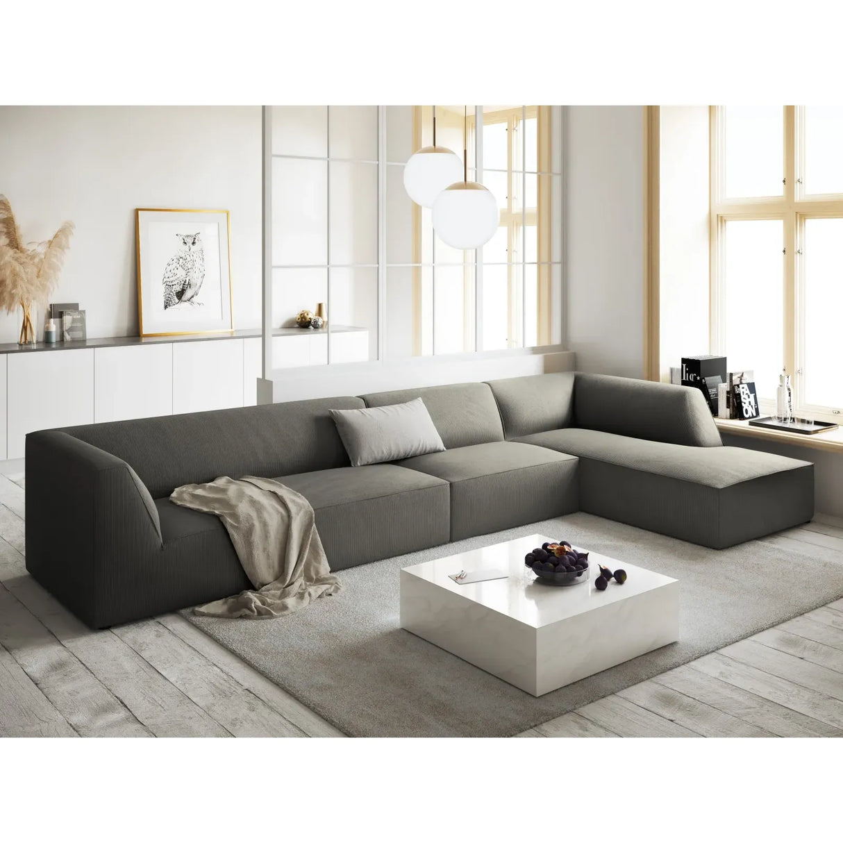 Ruby 5-seater corner sofa, right-hand side, with cover in velvet, corduroy or textured fabric, 366x180 cm