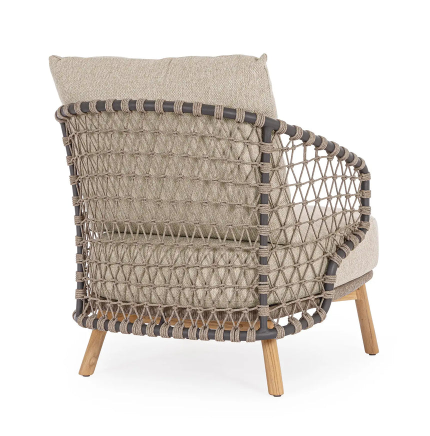 Outdoor Sessel Eularia mit Armlehnen aus Aluminium, Seil und Teakholz - ZEN ZONE Furniture