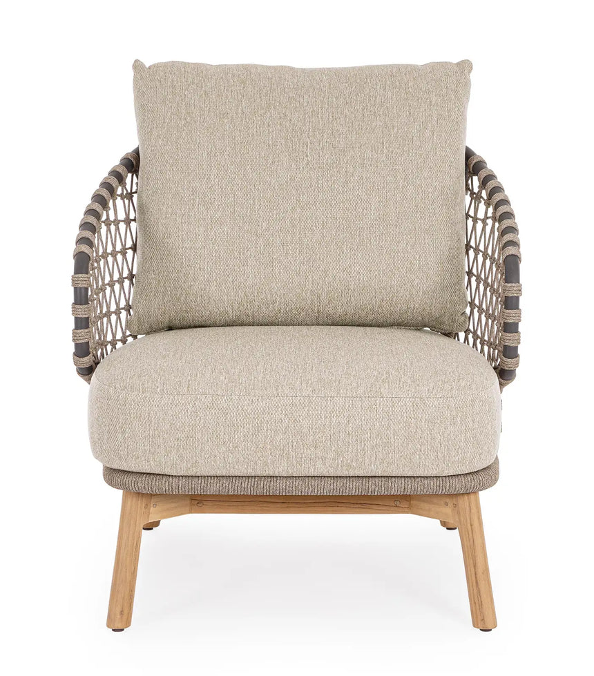 Outdoor Sessel Eularia mit Armlehnen aus Aluminium, Seil und Teakholz - ZEN ZONE Furniture