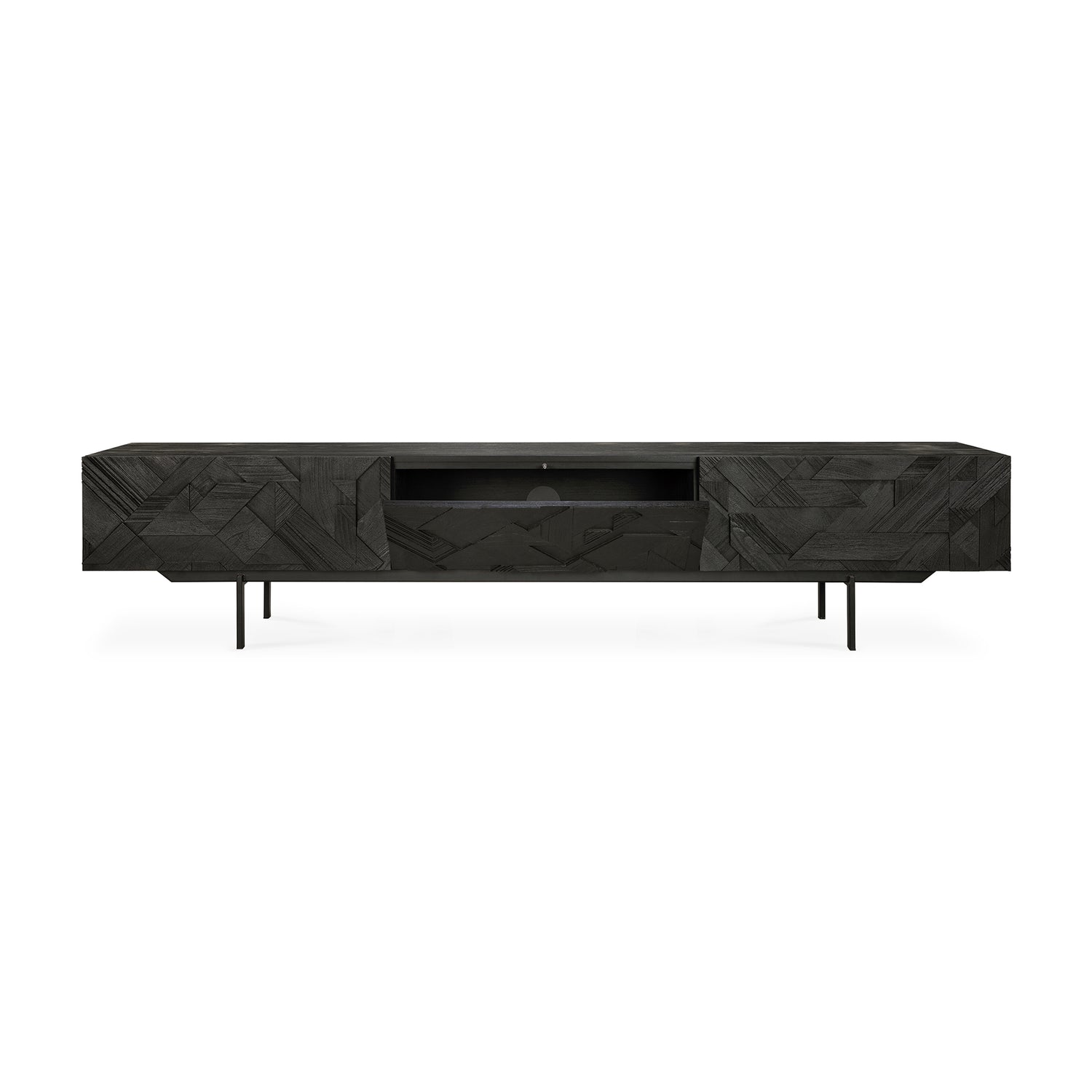 Graphic TV-Schrank - lackiertes Teak - schwarz - 1 Klapptür - 2 Schubladen - 240 x 45 x 51 cm - ZEN ZONE Furniture