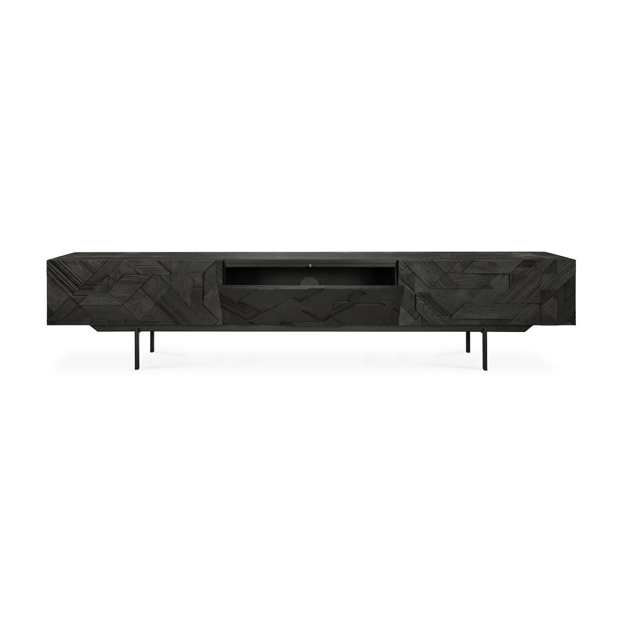 Graphic TV-Schrank - lackiertes Teak - schwarz - 1 Klapptür - 2 Schubladen - 240 x 45 x 51 cm - ZEN ZONE Furniture