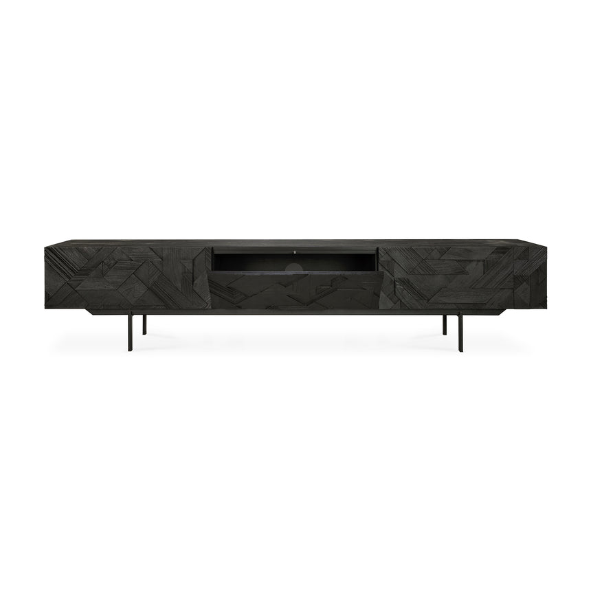 Graphic TV-Schrank - lackiertes Teak - schwarz - 1 Klapptür - 2 Schubladen - 240 x 45 x 51 cm - ZEN ZONE Furniture