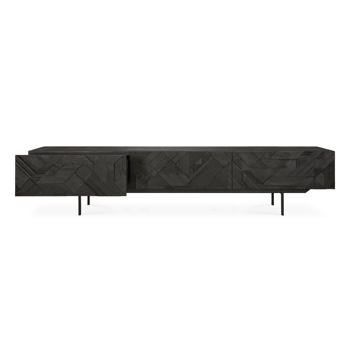 Graphic TV-Schrank - lackiertes Teak - schwarz - 1 Klapptür - 2 Schubladen - 240 x 45 x 51 cm - ZEN ZONE Furniture