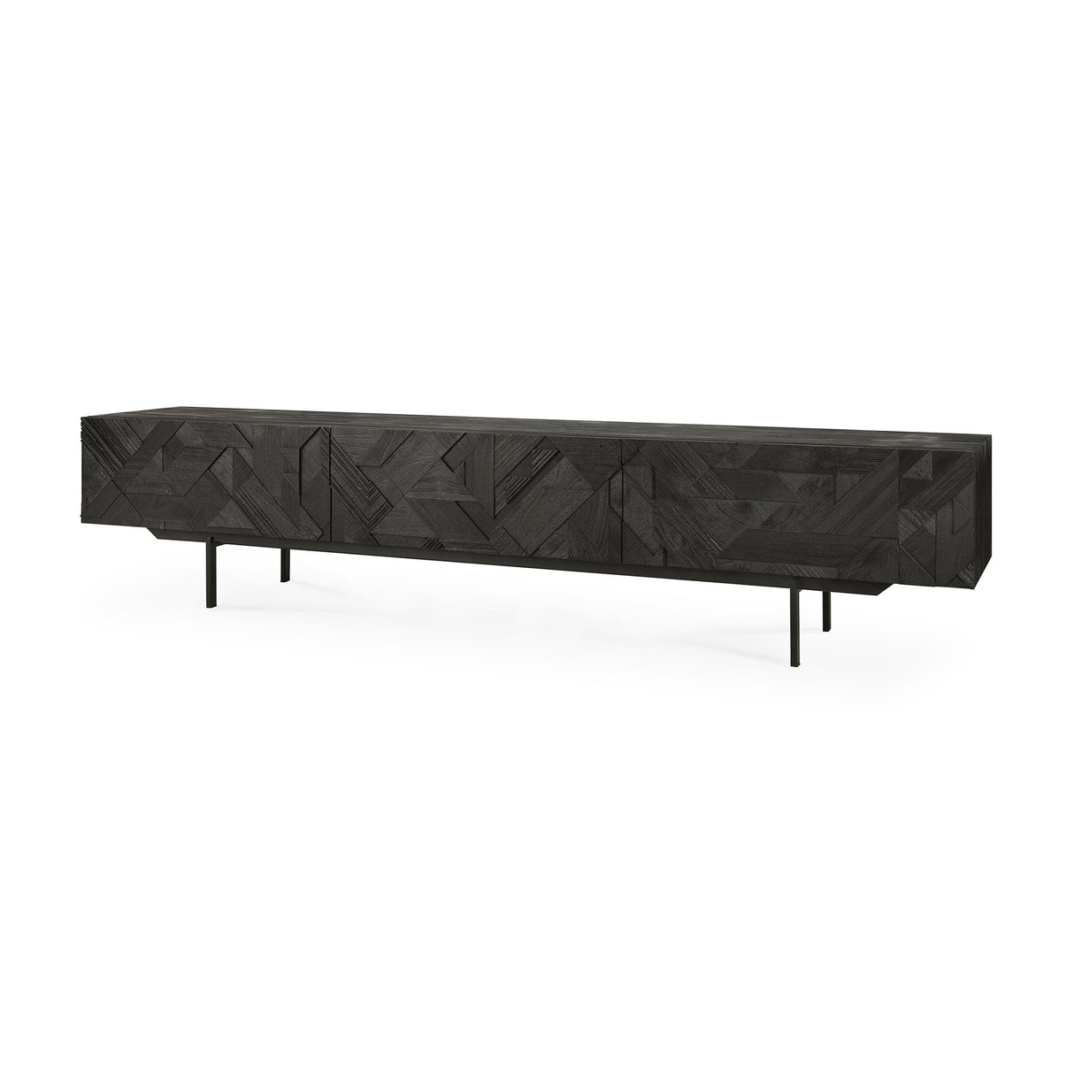 Graphic TV-Schrank - lackiertes Teak - schwarz - 1 Klapptür - 2 Schubladen - 240 x 45 x 51 cm - ZEN ZONE Furniture