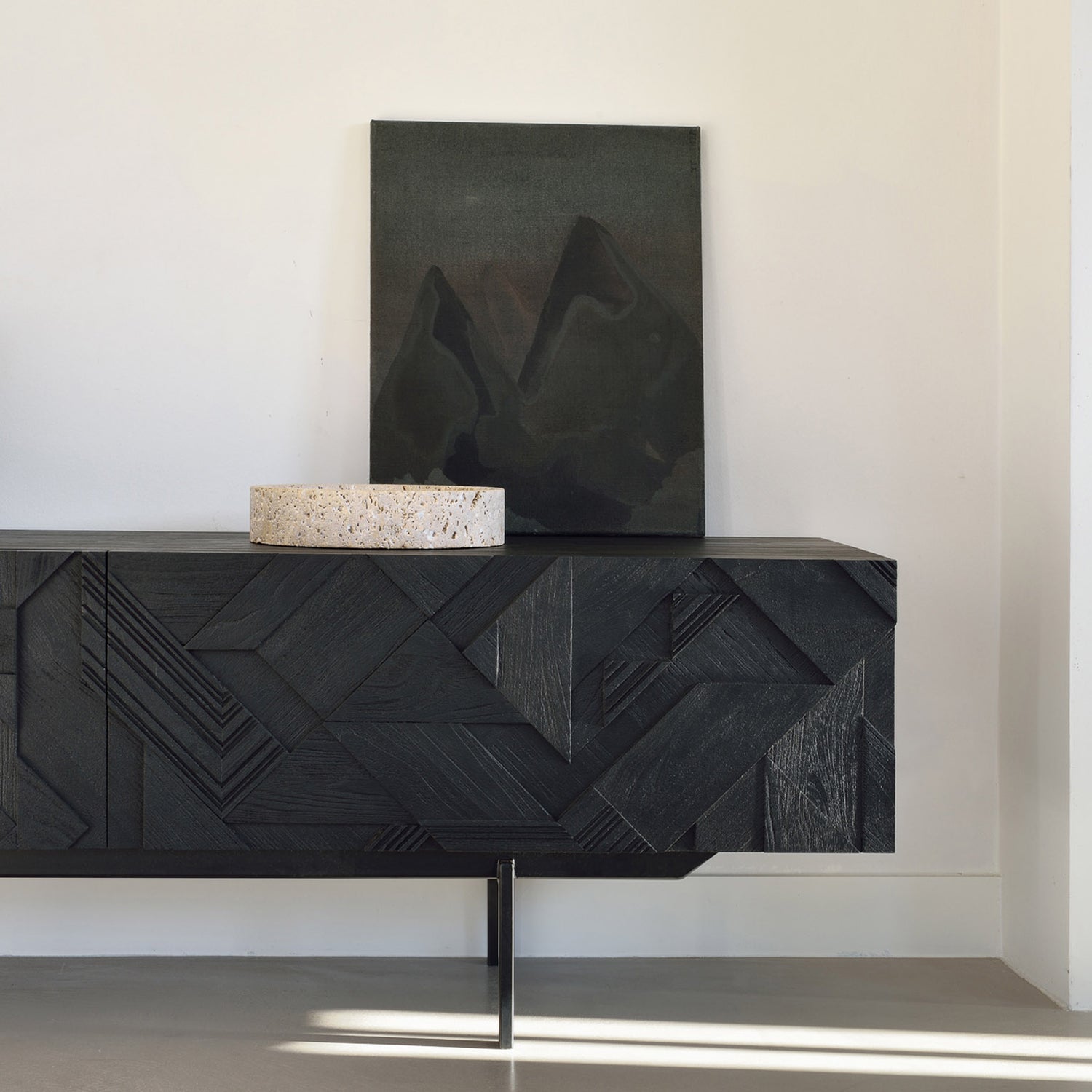 Graphic TV-Schrank - lackiertes Teak - schwarz - 1 Klapptür - 1 Schublade - 160 x 45 x 51 cm - ZEN ZONE Furniture