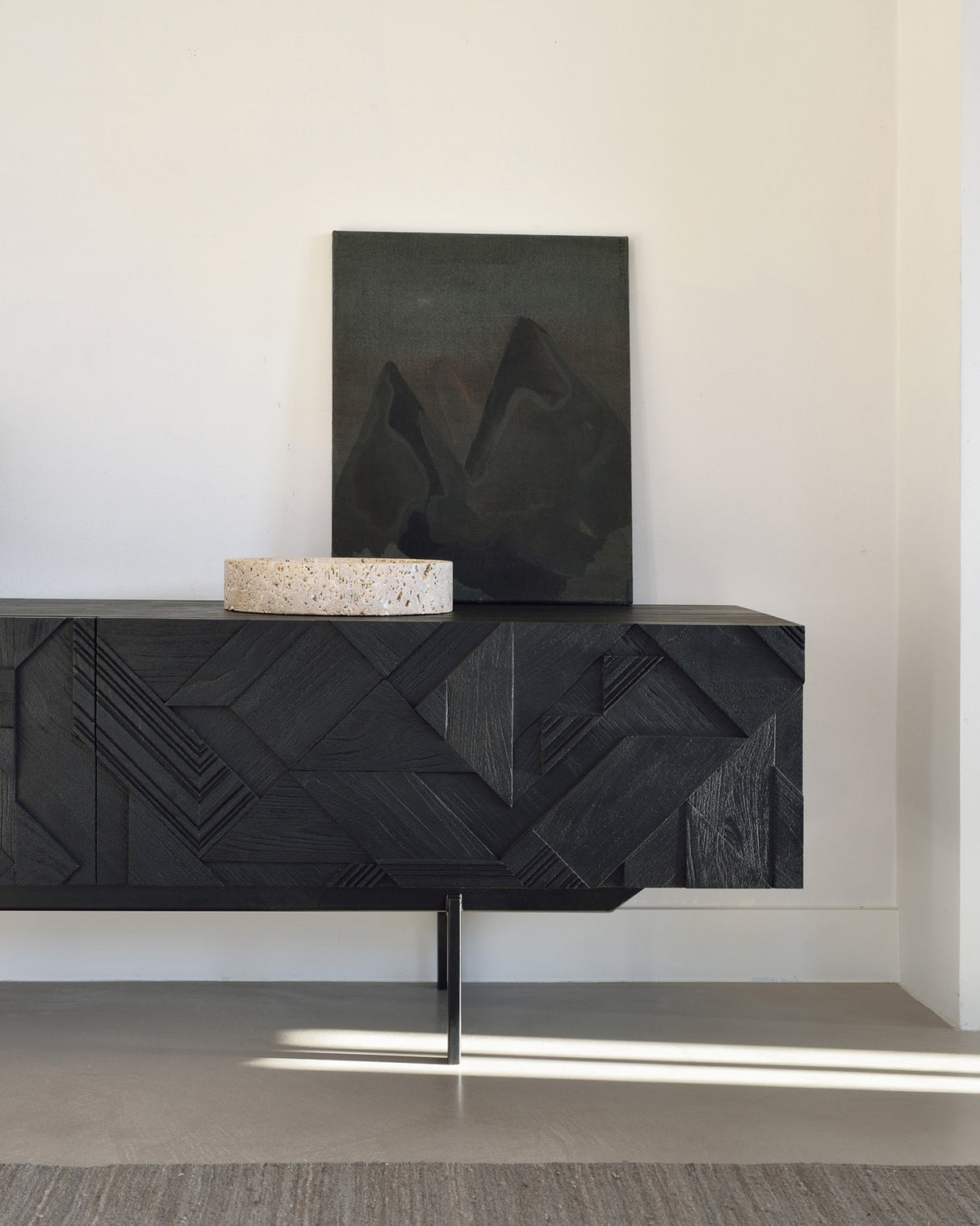 Graphic TV-Schrank - lackiertes Teak - schwarz - 1 Klapptür - 1 Schublade - 160 x 45 x 51 cm - ZEN ZONE Furniture