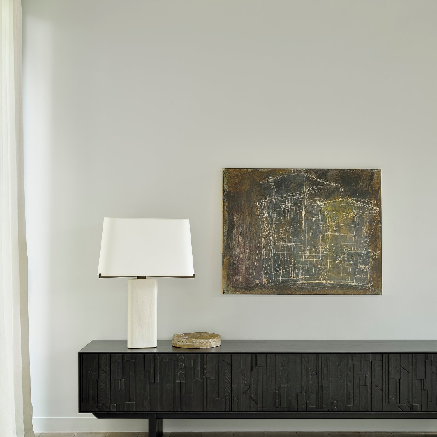 Mosaic TV-Schrank - lackiertes Teak - off black - 1 Klapptür - 2 Schubladen - 242 x 45 x 53 cm - ZEN ZONE Furniture