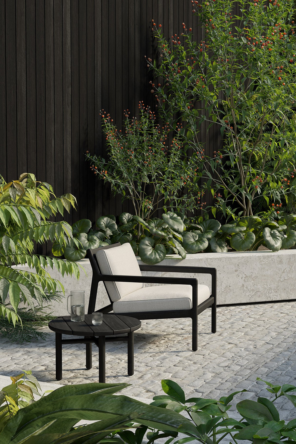Jack Garten-Loungestuhl - lackiertes Teak - schwarz - Off White Stoff - 76 x 90 x 74 cm - ZEN ZONE