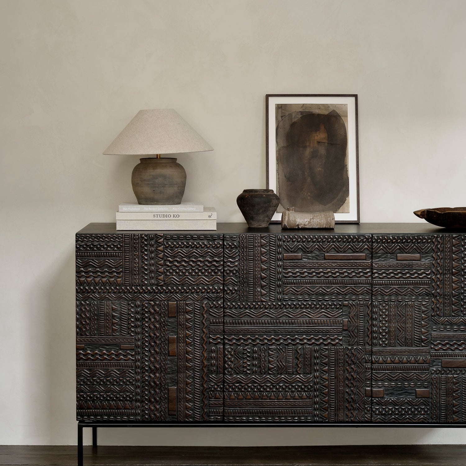 Tabwa Sideboard - lackiertes Teak - off black - 3 Türen - 150 x 45 x 85 cm - ZEN ZONE Furniture