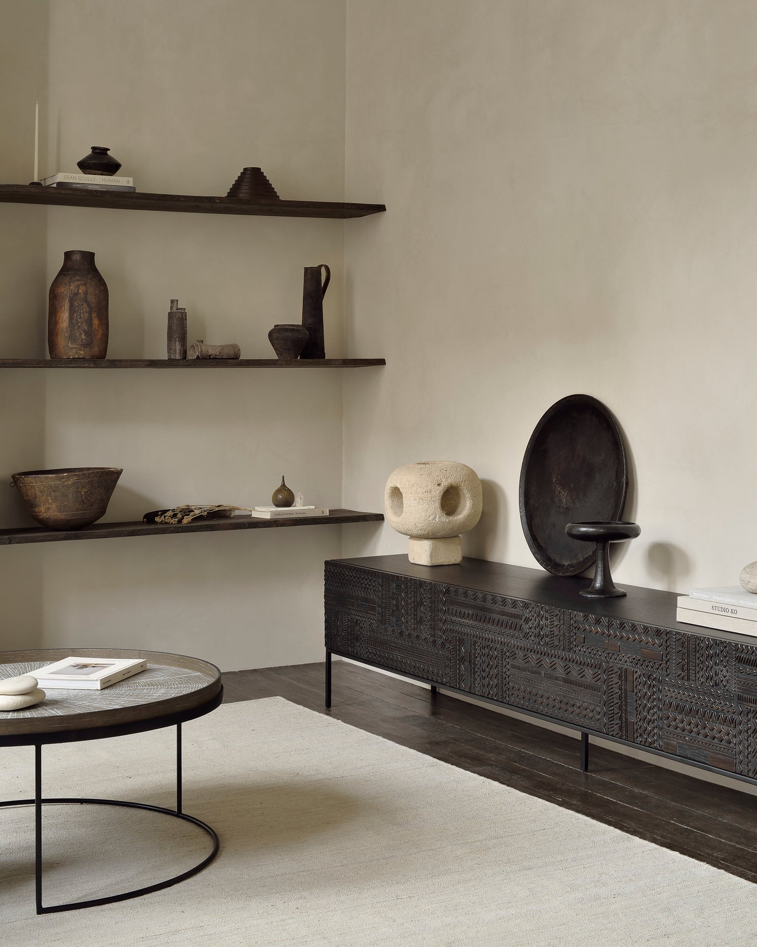 Tabwa TV-Schrank - lackiertes Teak - off black - 1 Klapptür - 2 Schubladen - 240 x 45 x 51 cm - ZEN ZONE Furniture