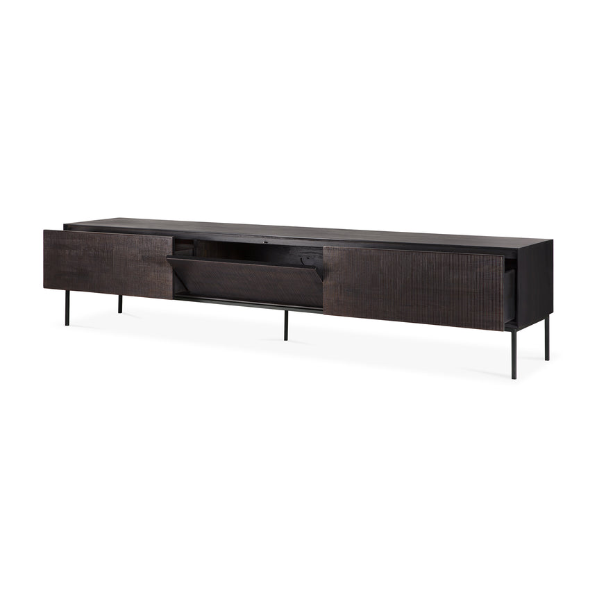 Grooves TV-Schrank - lackiertes Teak - off black - 1 Klapptür - 2 Schubladen - 242 x 45 x 53 cm - ZEN ZONE Furniture