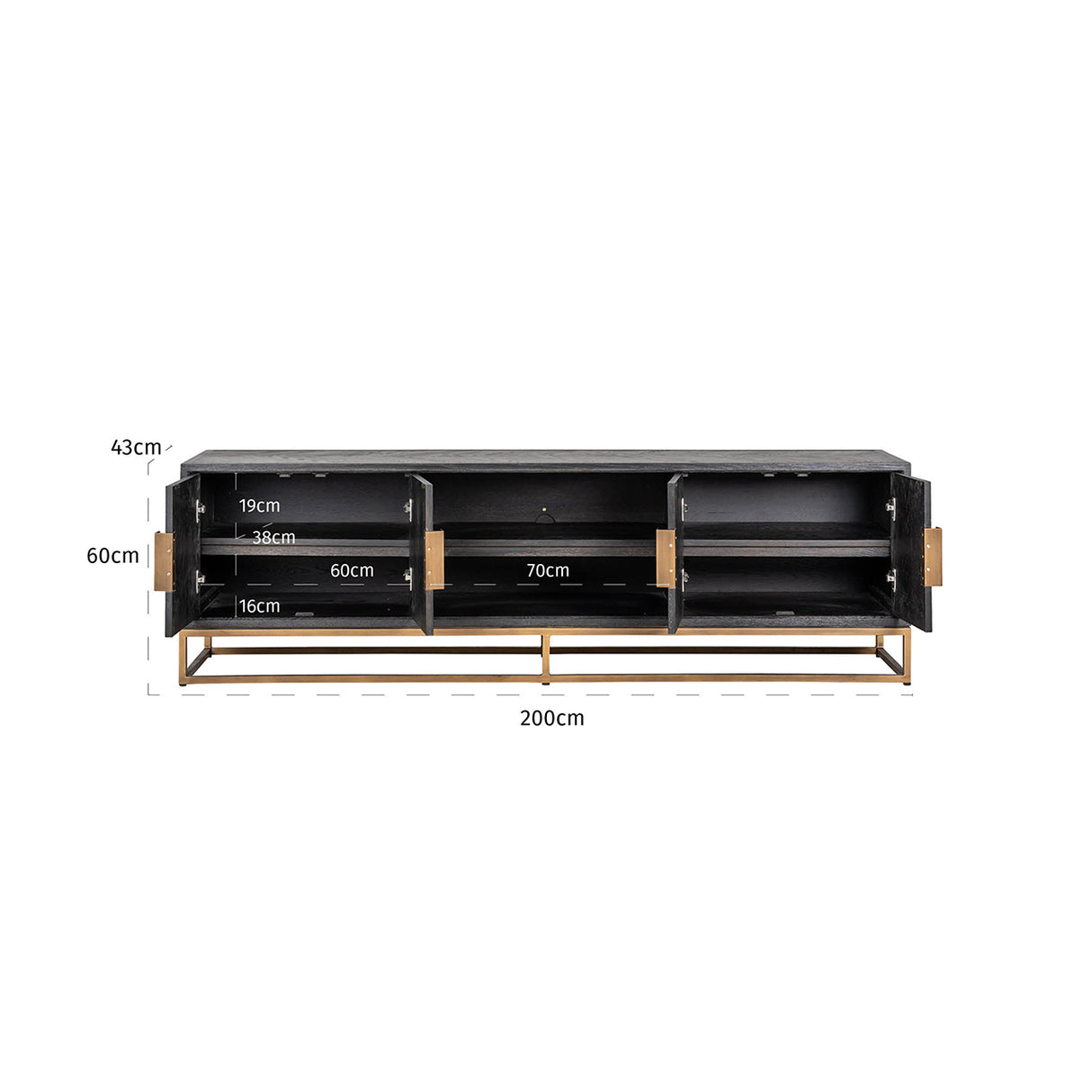 TV Kommode 200 Blackbone brass 4-Türen (Black rustic) - ZEN ZONE Furniture
