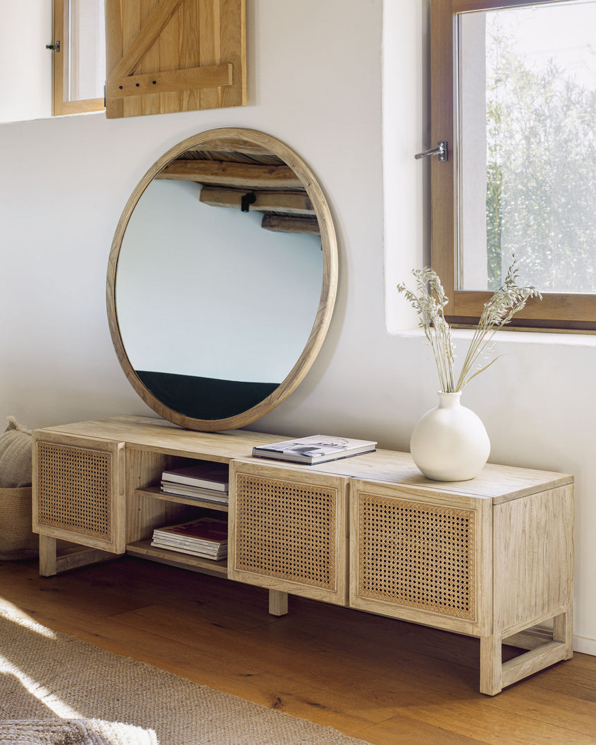 Rexit TV-Schrank 3 Türen aus massivem Mindiholz und Furnier mit Rattan 180 x 50 cm - ZEN ZONE Furniture
