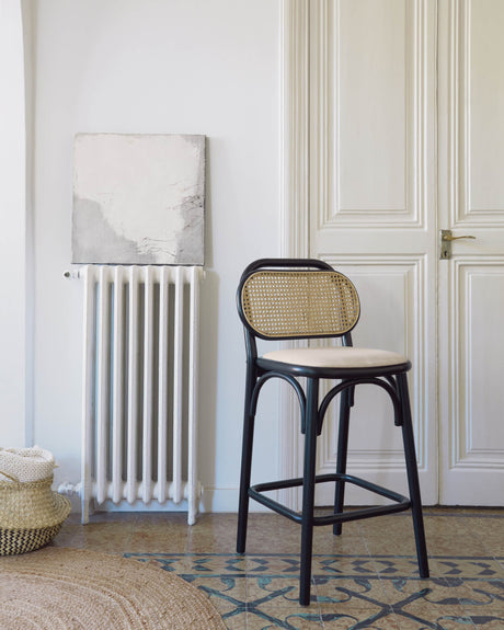 Doriane Hocker massive Ulme schwarzes Lackfinish gepolsterter Sitz 65 cm hoch - ZEN ZONE Furniture