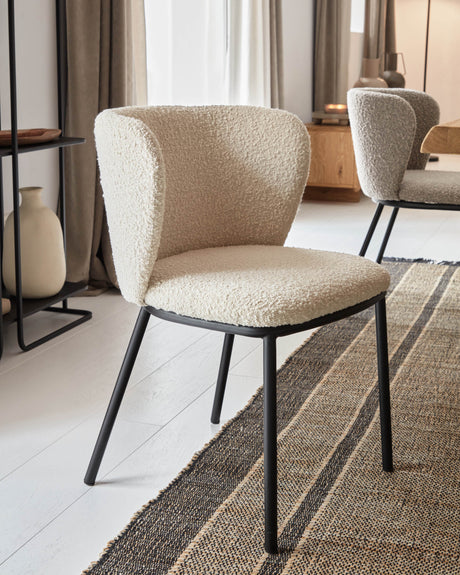 Ciselia Stuhl aus weißem Bouclé und Stahlbeinen mit schwarzem Finish, FSC Mix Credit - ZEN ZONE Furniture