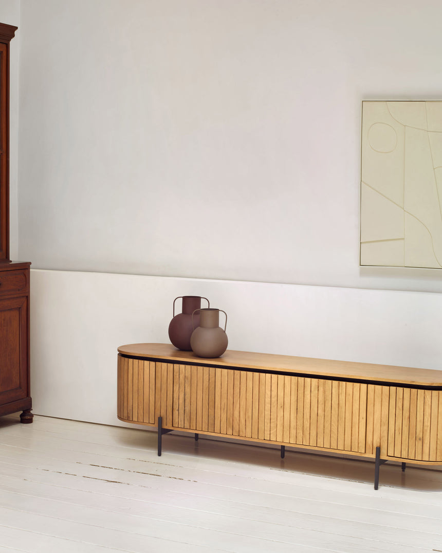 Licia TV-Möbel 4 Türen aus massivem Mangoholz und schwarz lackiertem Metall 200 x 55 cm - ZEN ZONE Furniture