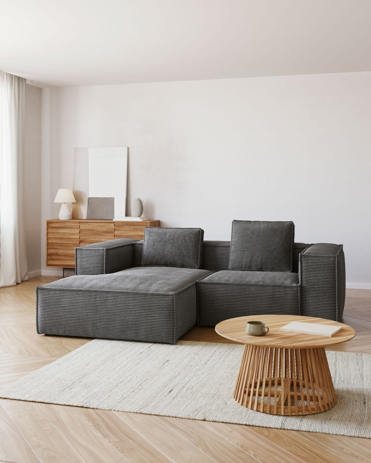 Blok 2-Sitzer-Sofa mit Chaiselongue links breiter Cord grau 240 cm - ZEN ZONE Furniture