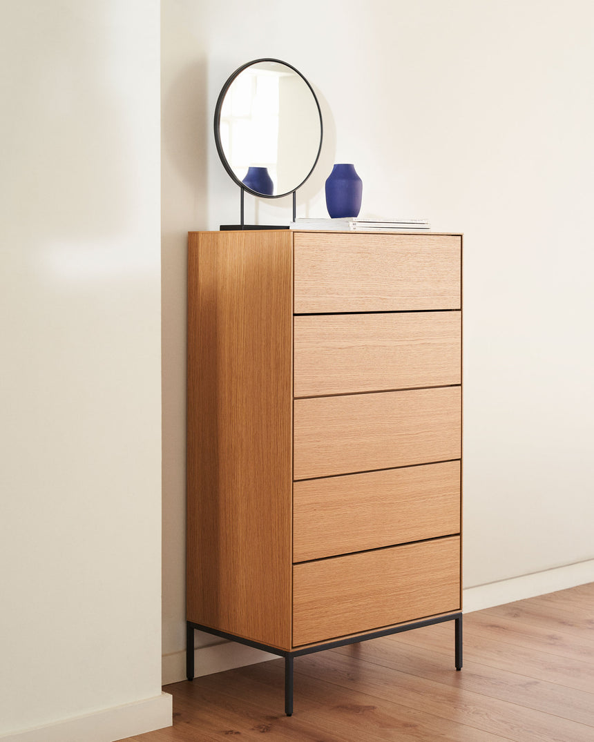 Vedrana Kommode 5 Schubladen aus Eichenfurnier und Stahlbeine in Schwarz 60 x 114 cm - ZEN ZONE Furniture