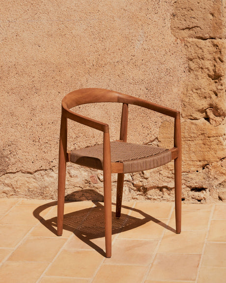 Ydalia stapelbarer Outdoor-Stuhl massives Teakholz natürliches Finish beiges Seil - ZEN ZONE Furniture