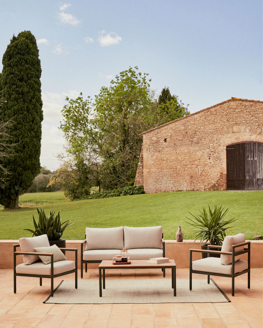 Aiguafreda Set 2-Sitzer-Sofa 2 Sesseln + Couchtisch Alu grau massives Akazienholz 100% FSC - ZEN ZONE Furniture