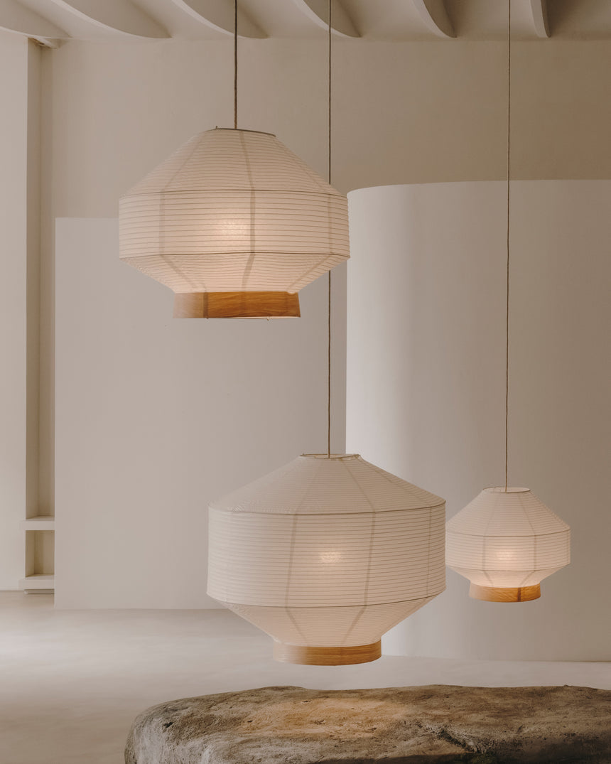 Lampenschirm für Deckenleuchte Hila aus weißem Papier und Naturholzfurnier Ø 80 cm - ZEN ZONE Furniture