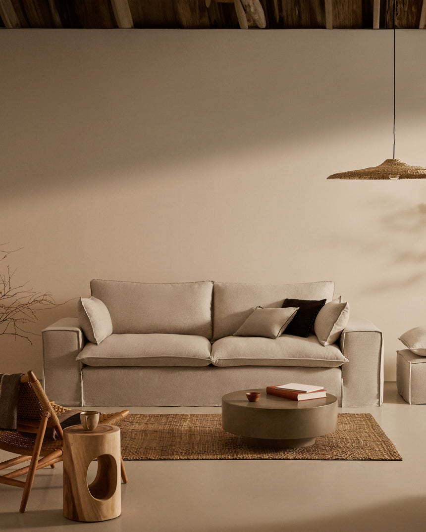 Anarela Pouf ,abnehmbarem Bezug und Kissen, Leinen Beige 80 x 80 cm - ZEN ZONE Furniture