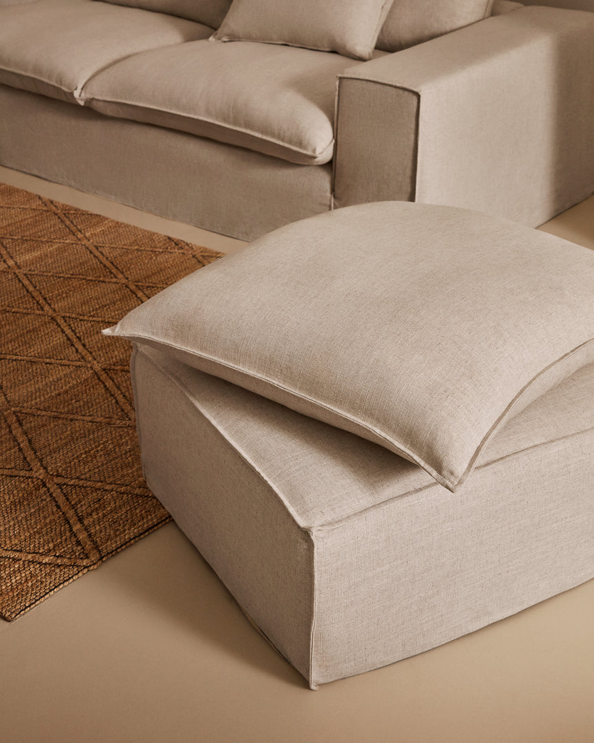 Anarela Pouf ,abnehmbarem Bezug und Kissen, Leinen Beige 80 x 80 cm - ZEN ZONE Furniture