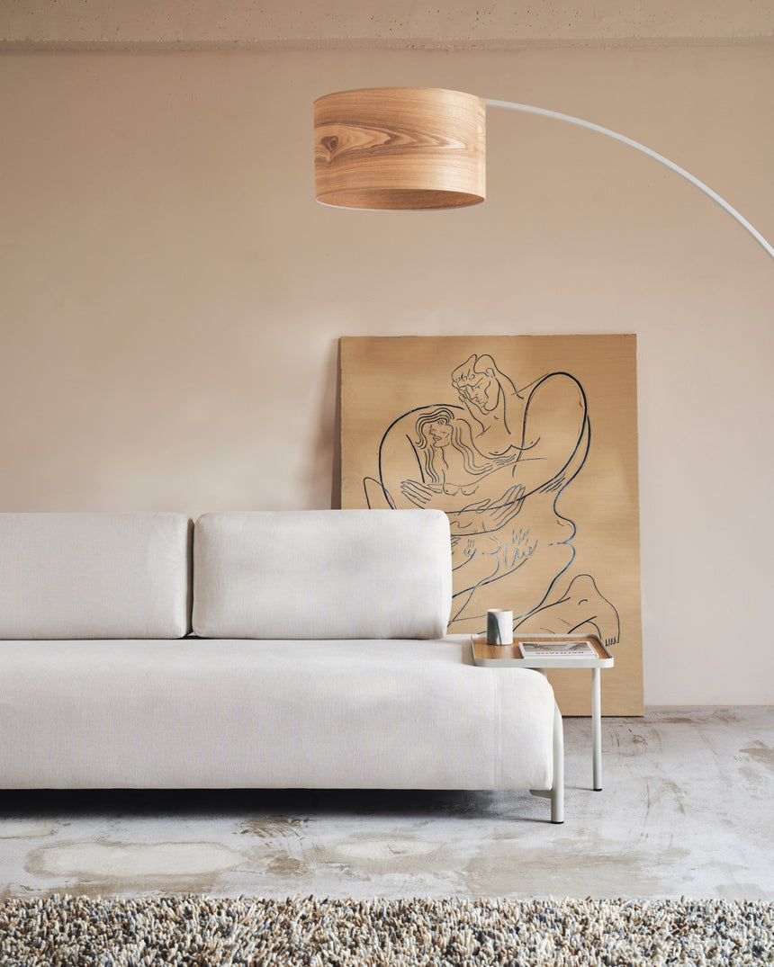 Compo 3-Sitzer-Sofa Chenille Beige, großes Tablett Eichenfurnier Metallgestell Grau 232cm - ZEN ZONE Furniture