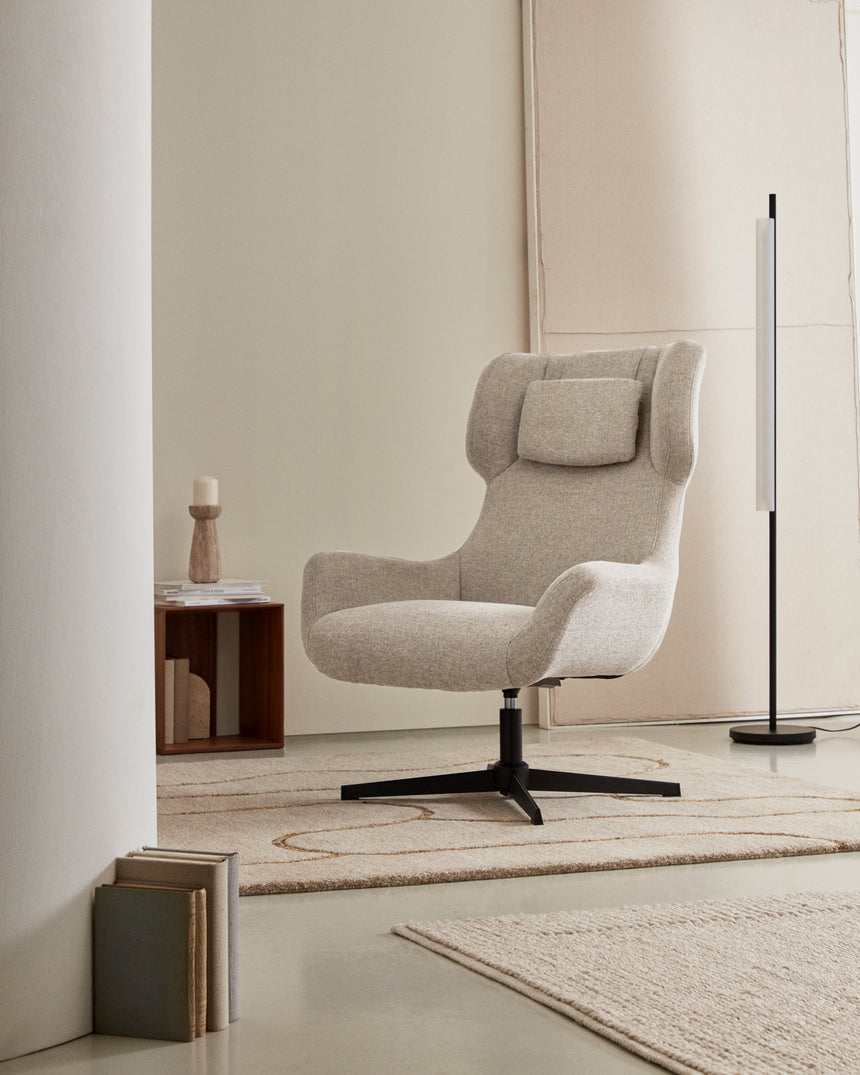 Zalina Drehsessel aus beigefarbenem Chenille und Stahl mit schwarzem Finish FSC 100% - ZEN ZONE Furniture