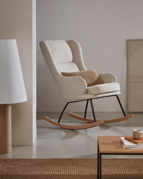 Maustin Schaukelstuhl mit Chenille in Beige und Gestell aus Stahl und Buchenholz - ZEN ZONE Furniture
