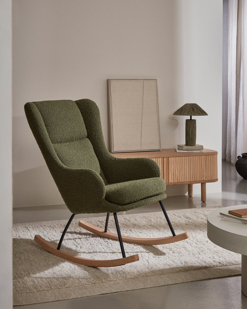 Maustin Schaukelstuhl mit dunkelgrünem Bouclé und Gestell aus Stahl und Buchenholz - ZEN ZONE Furniture