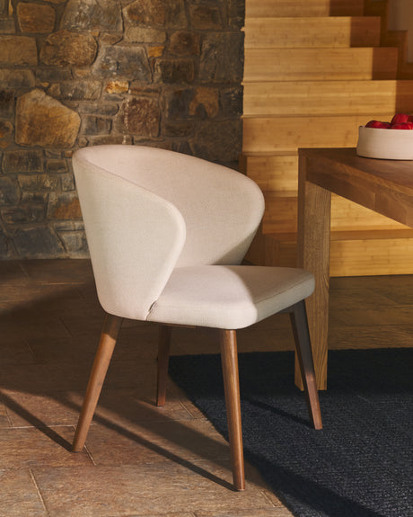 Darice Stuhl aus beigefarbener Chenille und massivem Buchenholz 100% FSC mit Nussbaum-Fini - ZEN ZONE Furniture