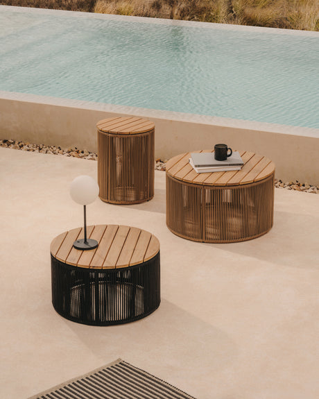 Couchtisch Dandara aus Stahl, beigem Flechtwerk und massivem Akazienholz Ø40 cm FSC 100% - ZEN ZONE Furniture
