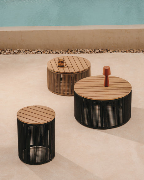 Couchtisch Dandara aus Stahl, beigem Flechtwerk und massivem Akazienholz Ø60 cm FSC 100% - ZEN ZONE Furniture