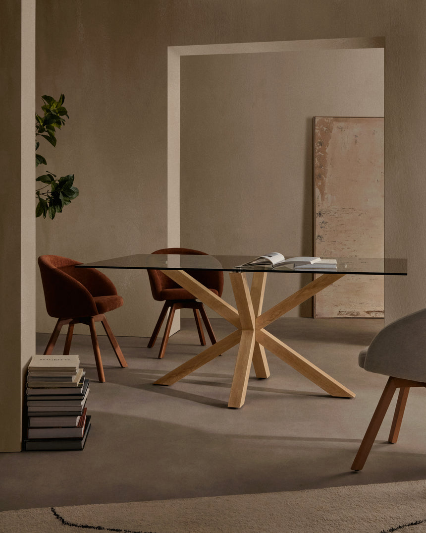 Argo Tisch aus Glas und Stahlbeine in Holzoptik 160 x 90 cm - ZEN ZONE Furniture