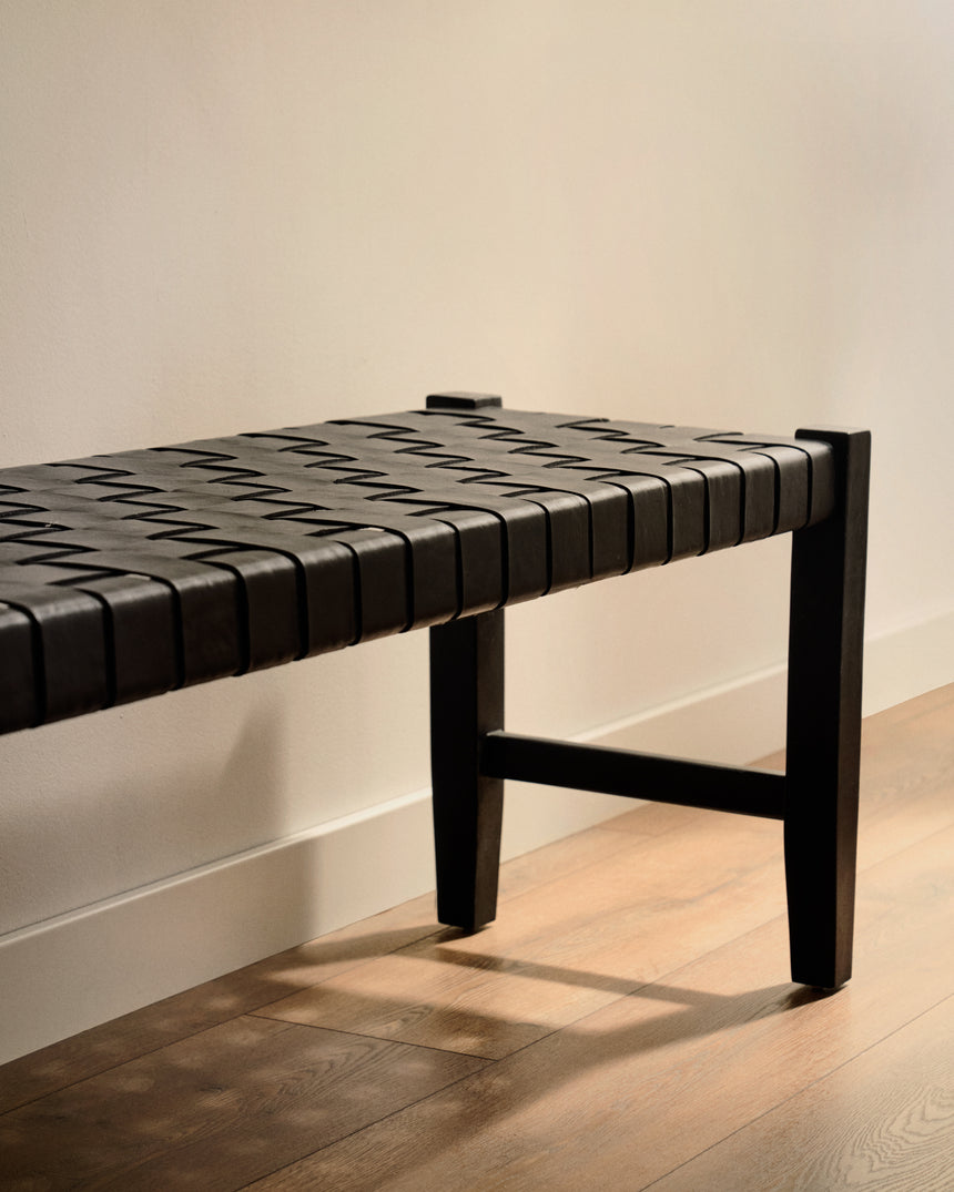 Calixta Bank aus Leder und massivem Mahagoni mit schwarzem Finish 120 cm - ZEN ZONE Furniture