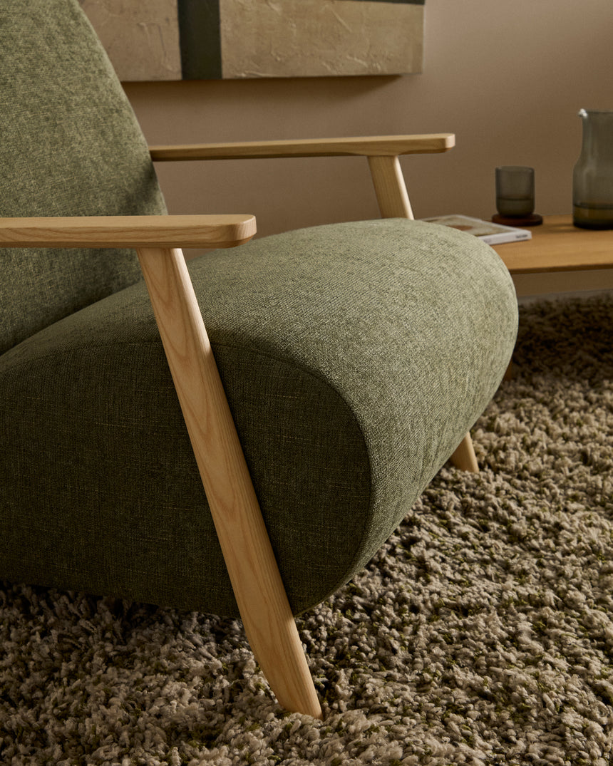 Sessel Meghan aus grünem Chenille und massivem Eschenholz mit natürlichem Finish - ZEN ZONE Furniture