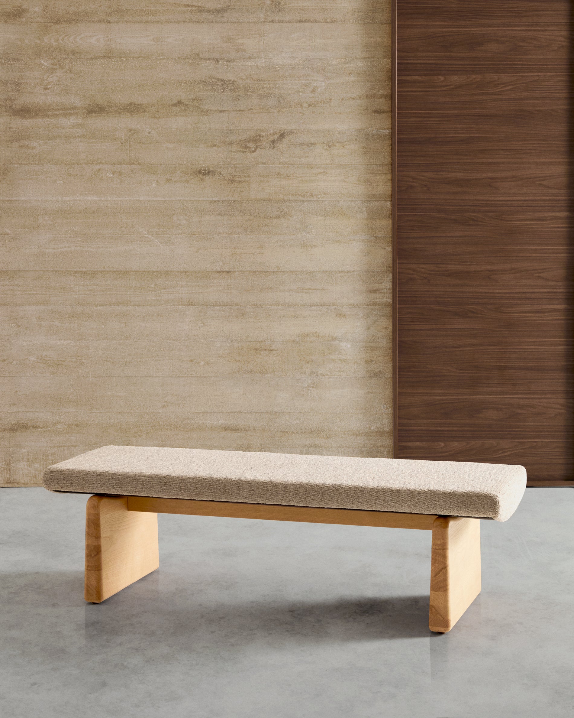 Upholstered bench Topaz beige chenille and solid ash wood with natural