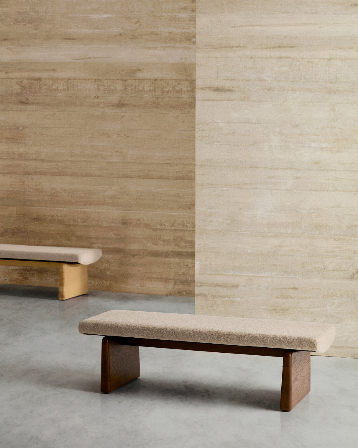 Polsterbank Topaz beiger Chenille und massives Eschenholz mit Walnuss-Finish 150cm FSC 100% - ZEN ZONE Furniture