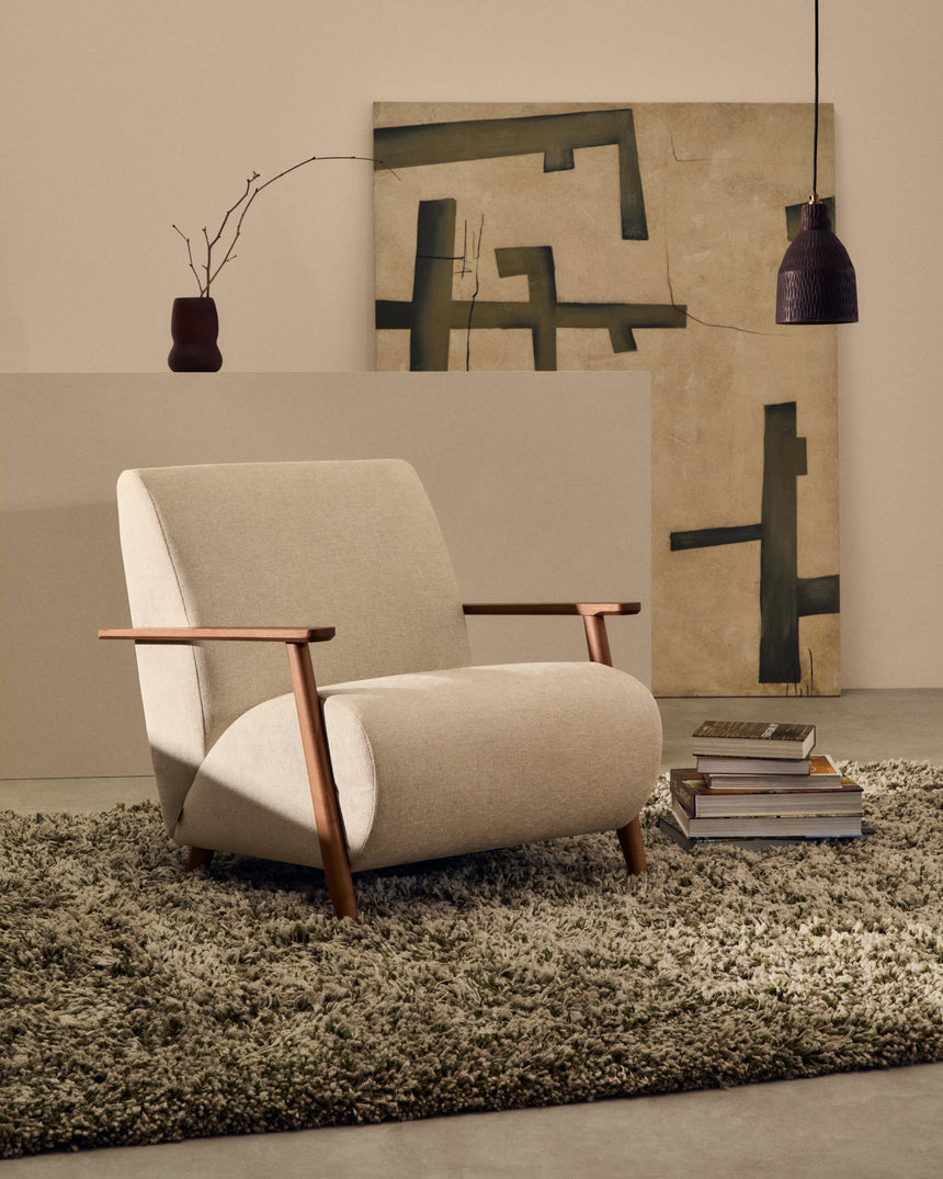 Meghan Sessel perlfarbener Chenille und massives Eschenholz mit Nussholzfinish FSC Mix Credit - ZEN ZONE Furniture