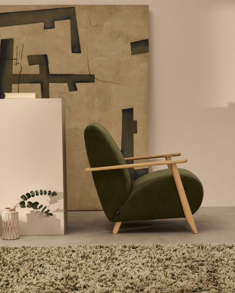 Sessel Meghan aus grünem Chenille und massivem Eschenholz mit natürlichem Finish - ZEN ZONE Furniture