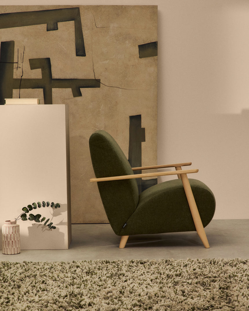 Sessel Meghan aus grünem Chenille und massivem Eschenholz mit natürlichem Finish - ZEN ZONE Furniture