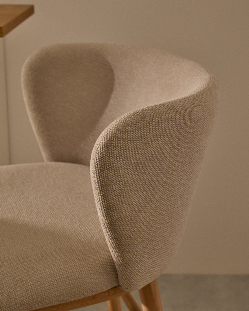 Hocker Ciselia beige Chenille und massive Esche mit natürlichem Finish FSC Mix Credit 65 cm - ZEN ZONE Furniture