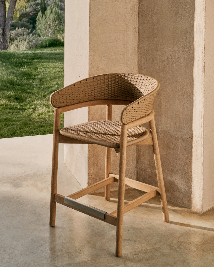 Hocker Arinella aus massivem Akazienholz mit Finish in natürlichem Farbton und beigem Seil 65 cm FSC 100% - ZEN ZONE Furniture