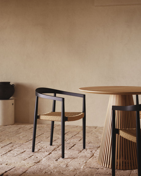 Ydalia stapelbarer Outdoor-Stuhl massives Teakholz schwarz Seil aus synthetischem Rattan - ZEN ZONE Furniture