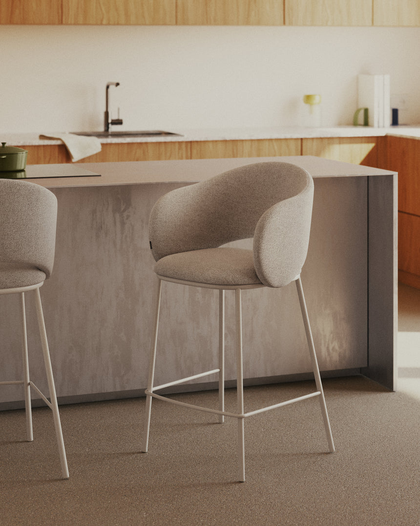 Hocker Maina aus beigefarbener Chenille und Stahlbeinen beiges Finish FSC Mix Credit 65 cm - ZEN ZONE Furniture